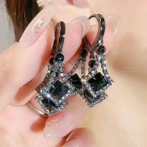 2/$24 Black Crystal Dangle Earrings With Rhinestone Detailing